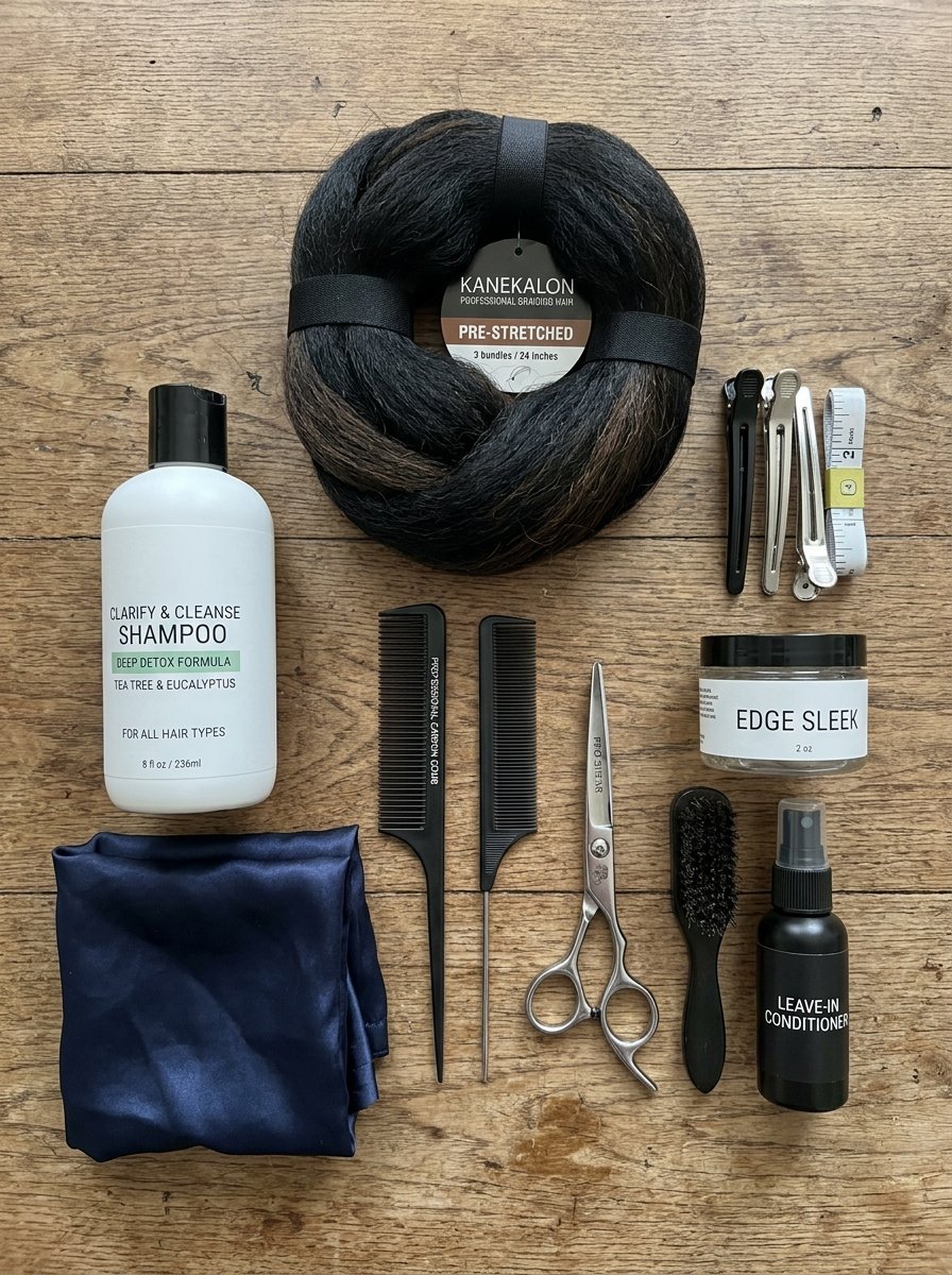 Collection of kanekalon braiding hair, shampoo, edge control, conditioner, and various combs on a wooden surface.