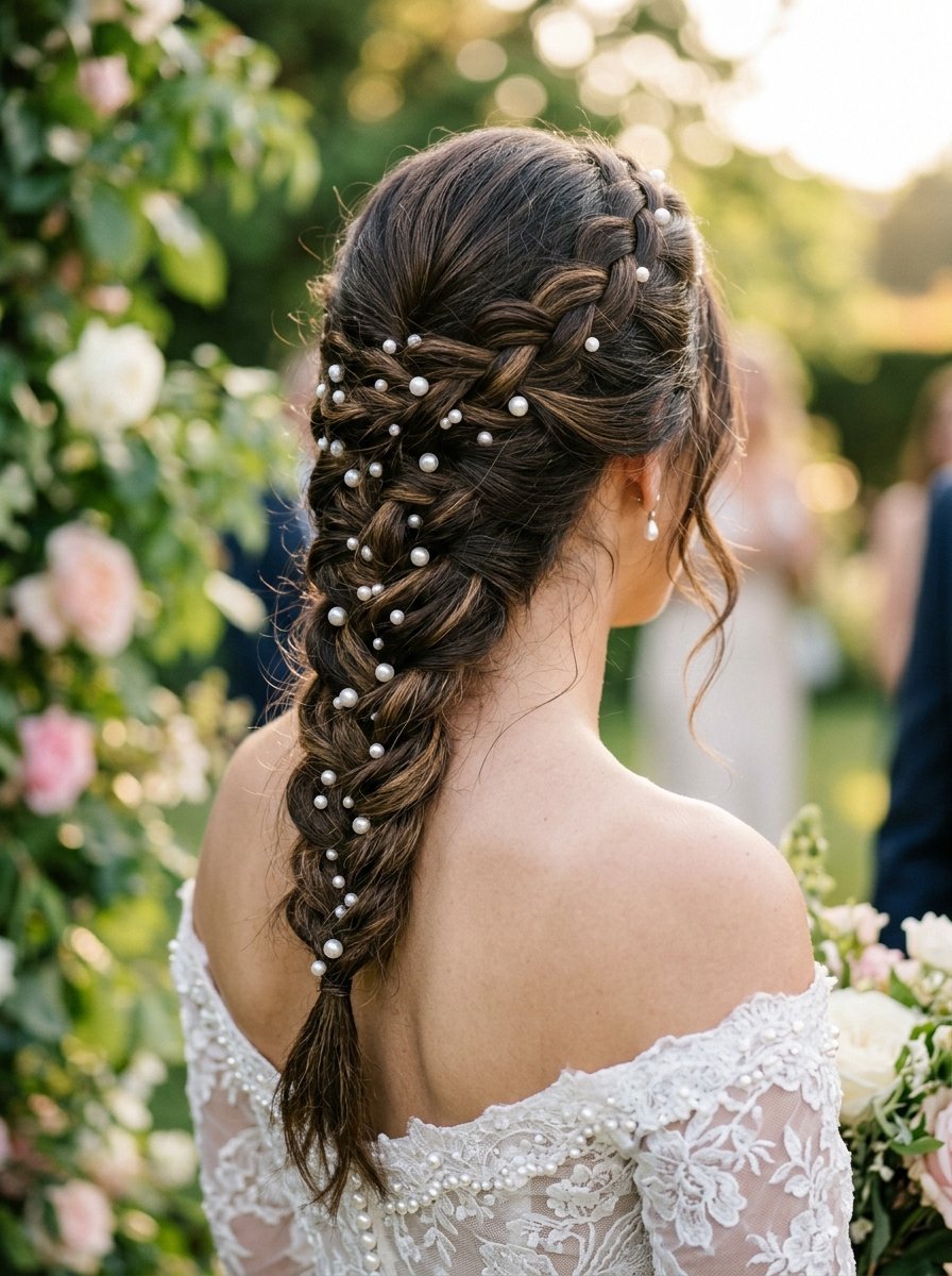 Bride seen from behind with a dark brown braid hairstyle accented with delicate pearl pins.