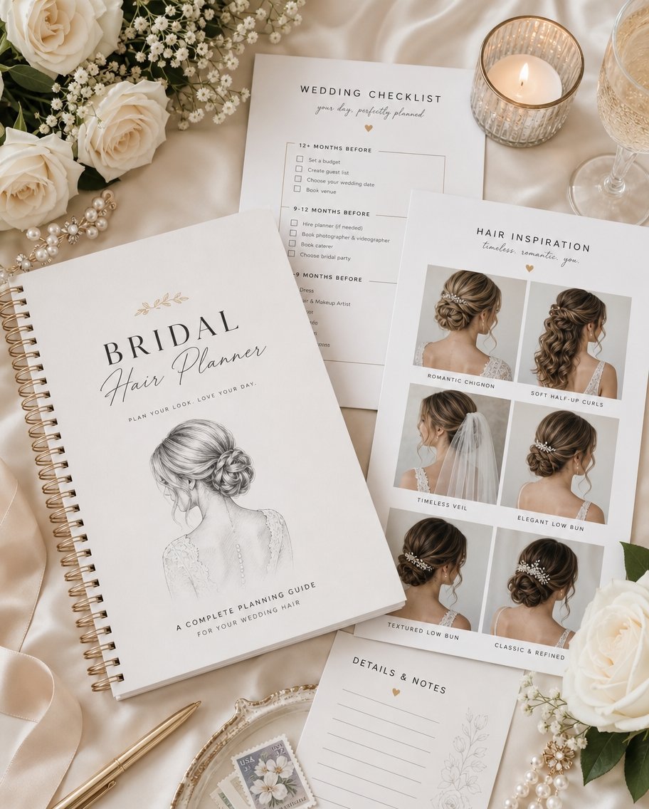 A bridal hair planning notebook displayed next to a hairstyle inspiration sheet, a checklist, and white roses.
