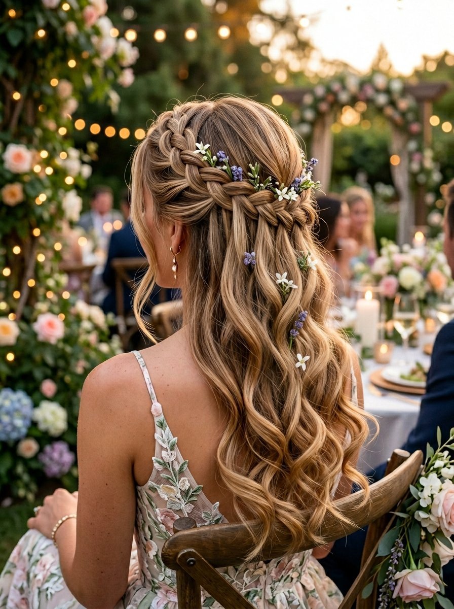 A woman with blonde wavy hair worn in a half-up braid adorned with lavender sprigs and small white blossoms.