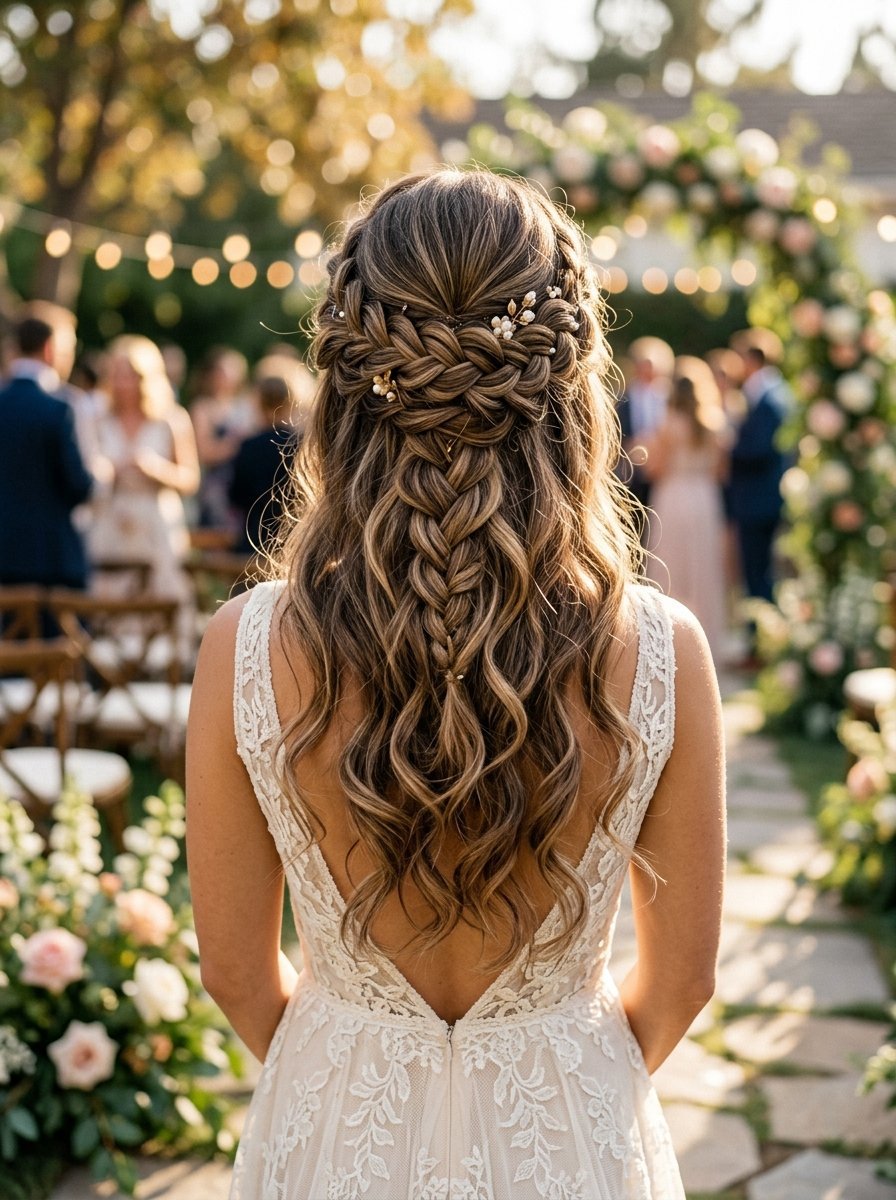 Back view of a woman with long wavy hair styled in a decorative braided half-updo with small pearl hairpins.