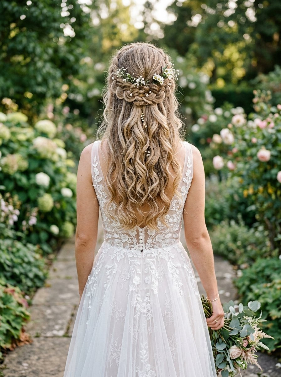 Back view of a bride with long wavy hair, featuring a braided crown adorned with tiny white flowers.