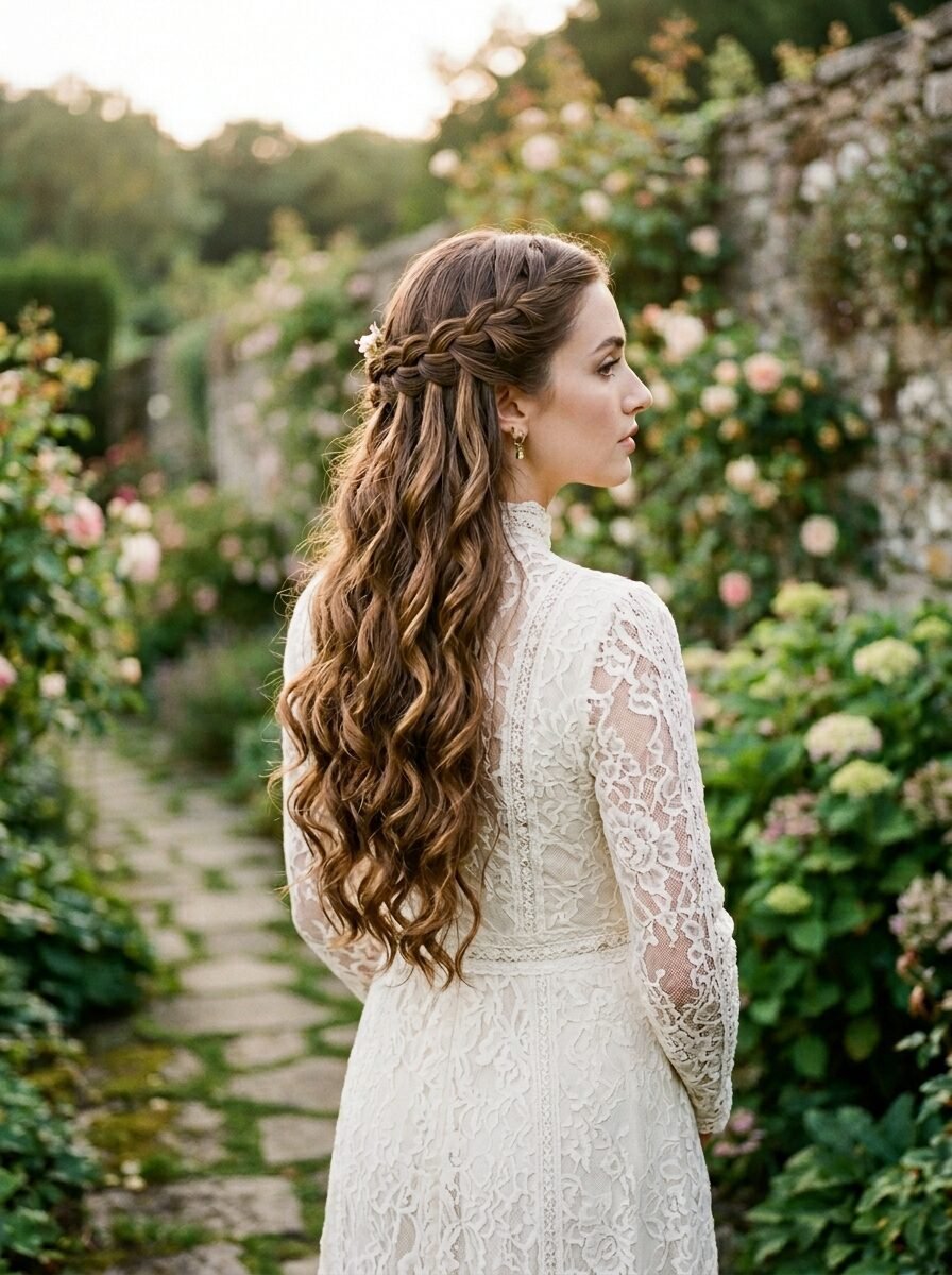 Back view of a woman wearing a lace gown and a braided half-up hairstyle in a rose garden.