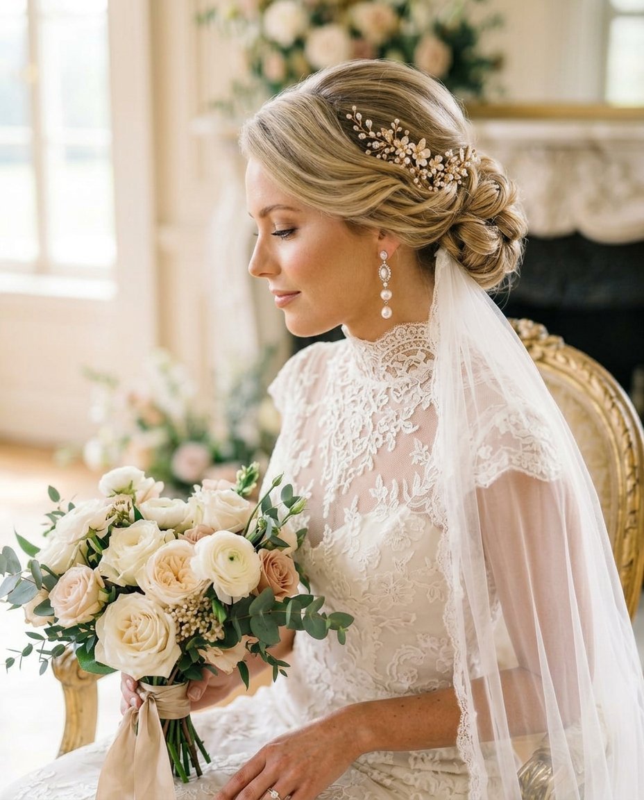 A side profile of a blonde bride wearing a lace high-neck gown, pearl earrings, and a gold flower hair piece.