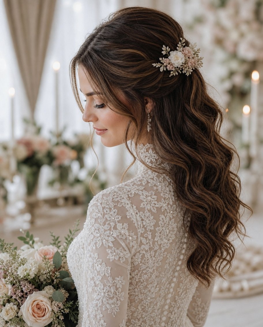Profile view of a bride with long wavy hair decorated with a delicate flower and leaf hair clip.
