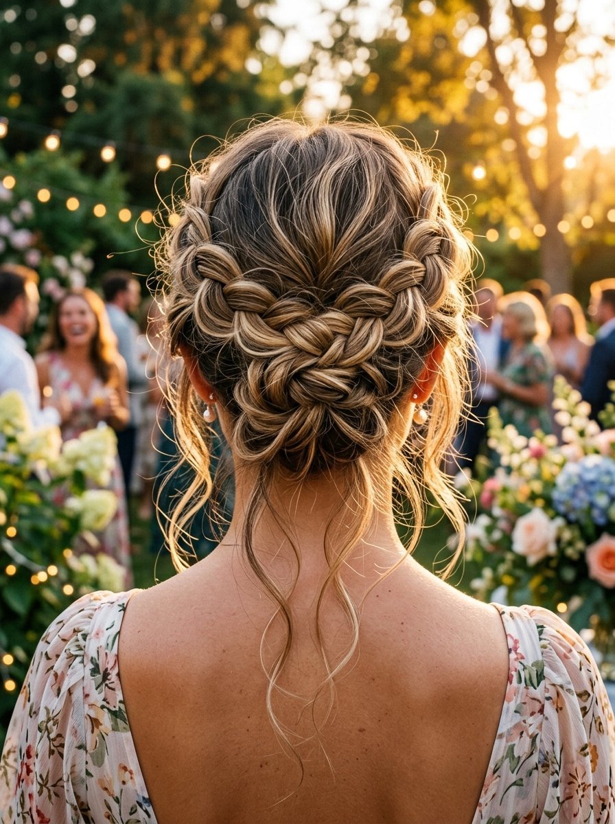 Back view of a woman with highlighted blonde hair styled in a complex braided bun at an outdoor garden party.