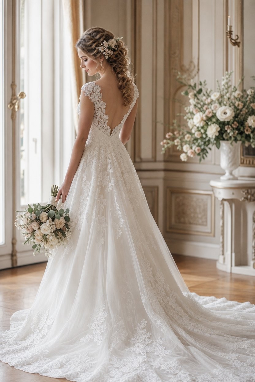 Woman in an A-line wedding dress with a low back and lace details standing in a classic room with flowers.