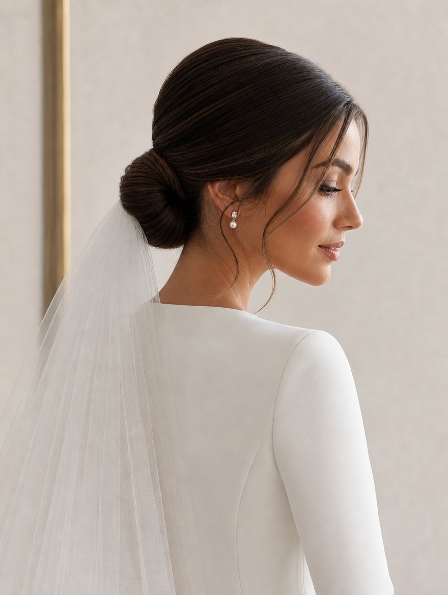 Side profile of a bride with dark hair in a sleek low bun wearing a long veil and pearl drop earrings.