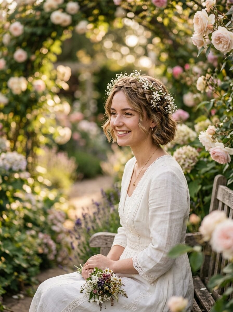 Woman in a white dress with a floral hair braid holding a small bouquet while sitting on a rustic bench.