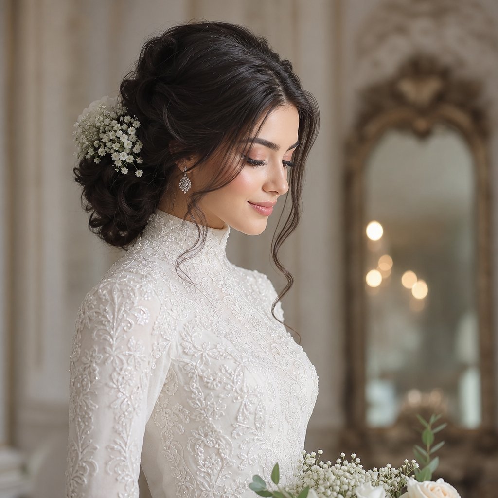 A beautiful woman in a high-neck lace bridal gown looking down while holding a bouquet of flowers.