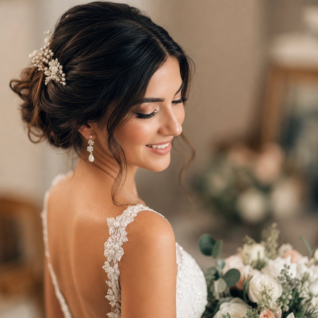 Close-up of a bride in a lace dress looking down at her wedding bouquet with a pearl hair piece.