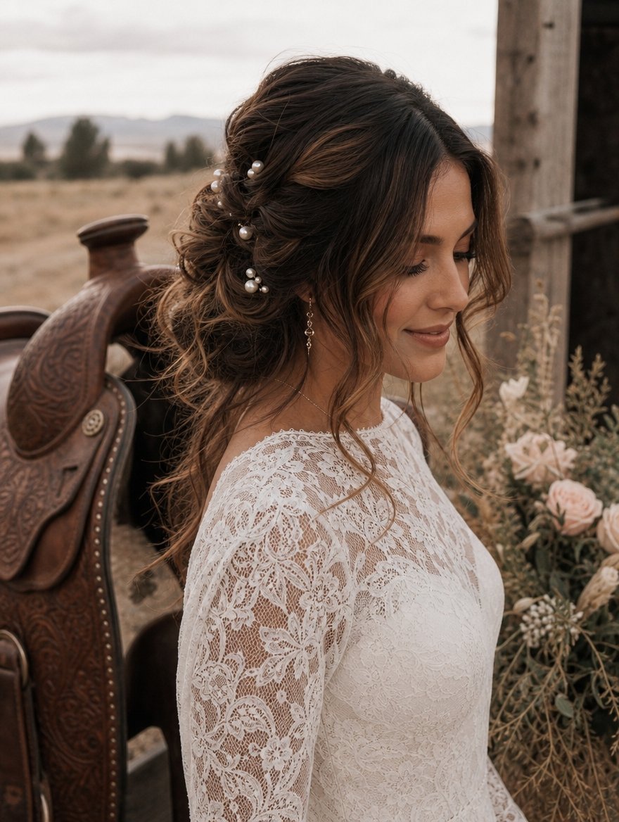 A smiling woman in a long-sleeved lace wedding gown posing next to a vintage western leather saddle.