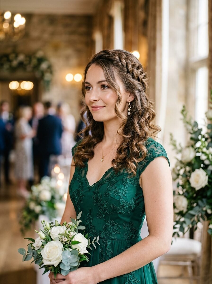 Young woman in a green lace dress holding white roses at an indoor reception.
