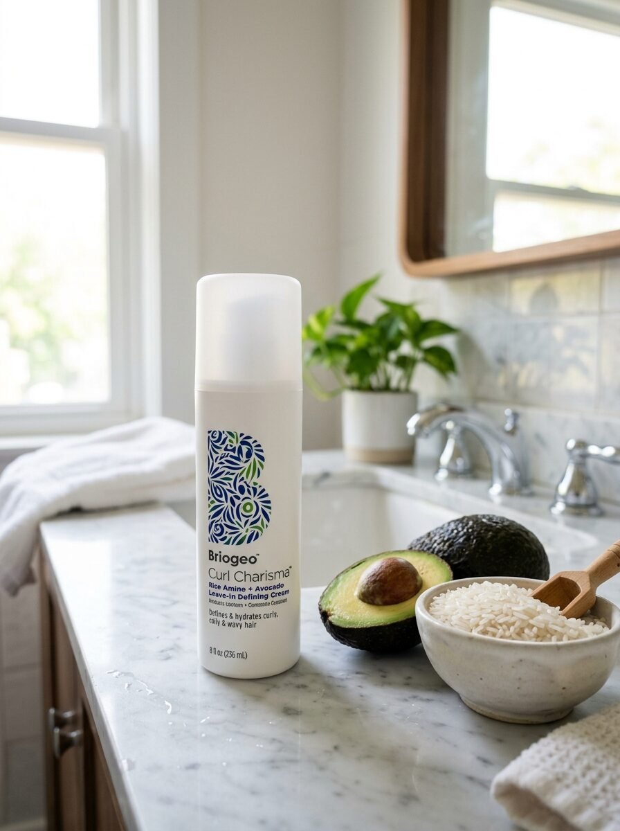A white bottle of Briogeo hair cream sits on a marble bathroom counter next to sliced avocados and a bowl of rice.