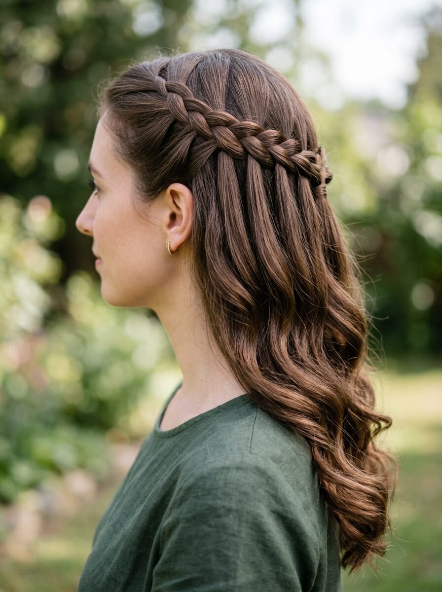 Close up of long brown wavy hair styled in a half-up waterfall braid against a blurry green outdoor background.