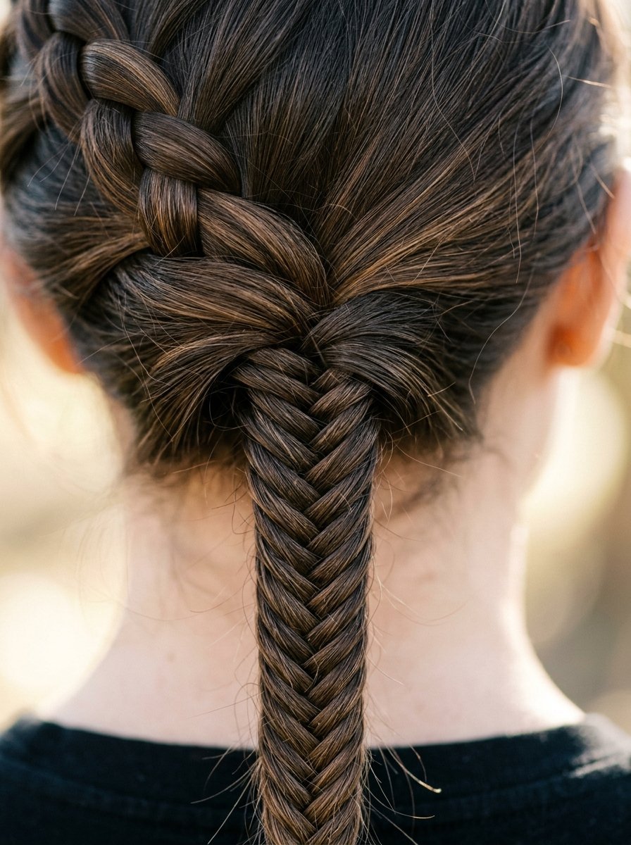 Back view of a woman with dark brown hair styled in a intricate fishtail braid.