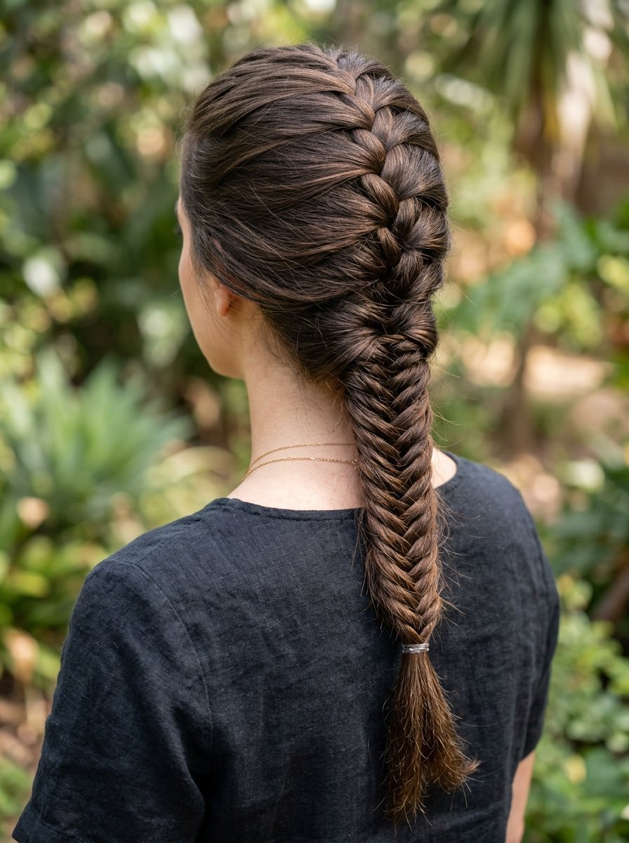 Close up view from behind of a woman with a complex combination of French braid and fishtail braid hair style.