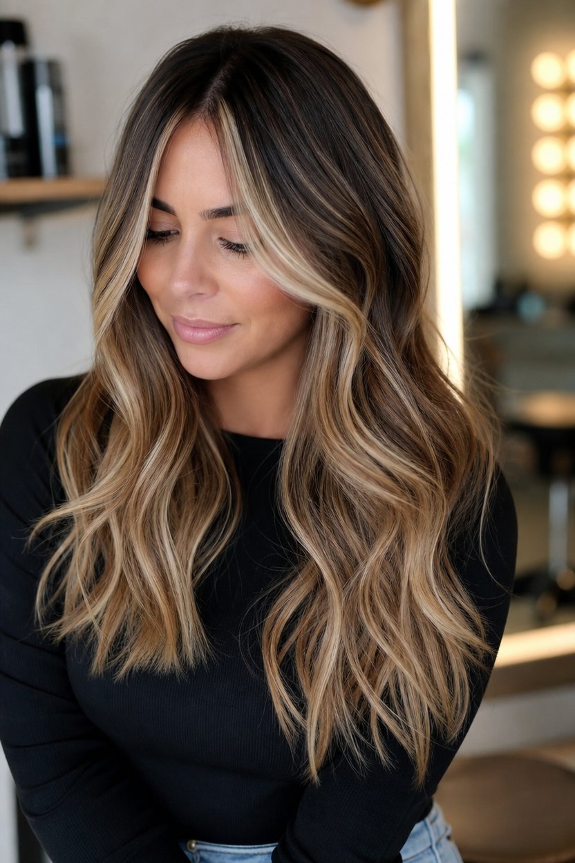 Close-up of a woman with loose waves and dimensional balayage hair color in a salon setting.