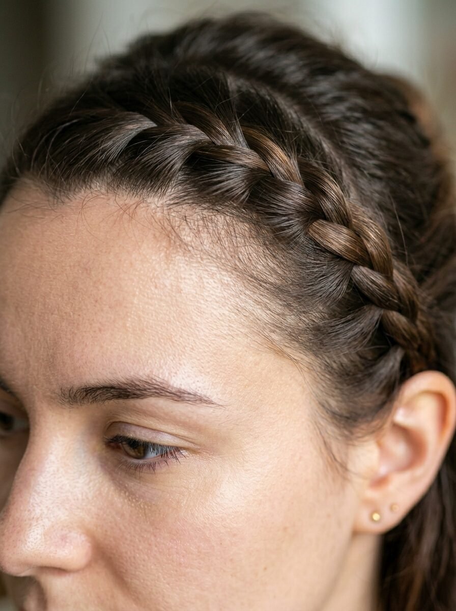 Close-up view of a woman's dark hair styled into an intricate crown braid that pulls hair away from the face.
