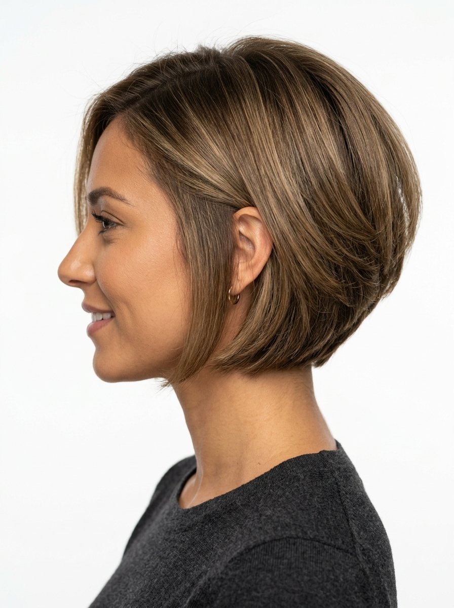 Side profile of a smiling woman featuring a modern chin-length light brown bob hairstyle.