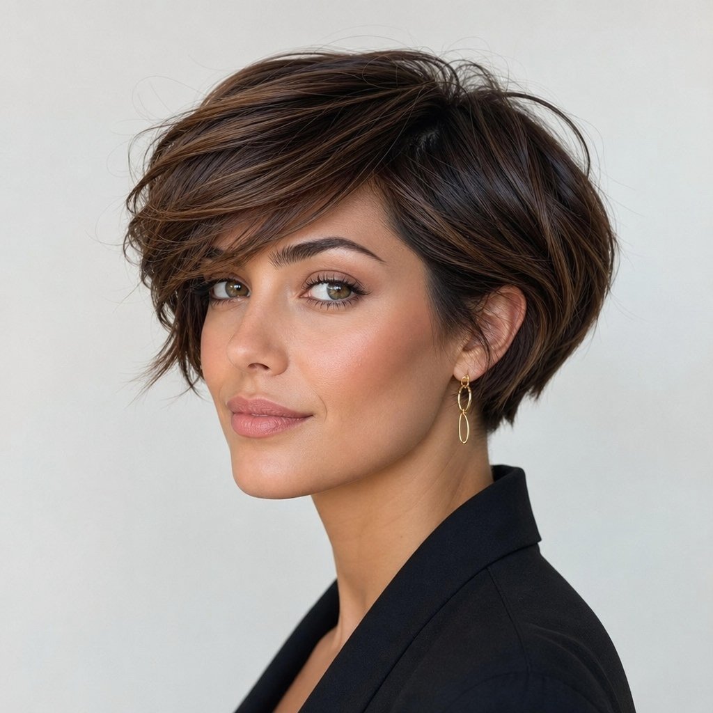 Portrait of a woman with short brunette hair wearing a black blazer and gold drop earrings.