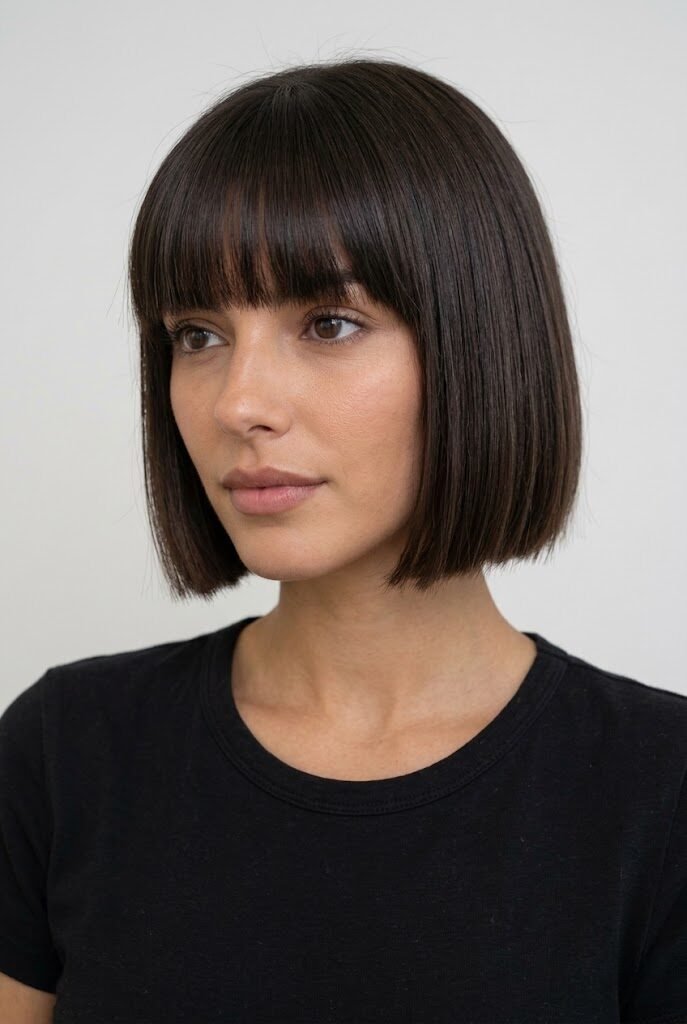 Portrait of a woman wearing a black shirt with a sharp chin-length bob hairstyle and blunt bangs.
