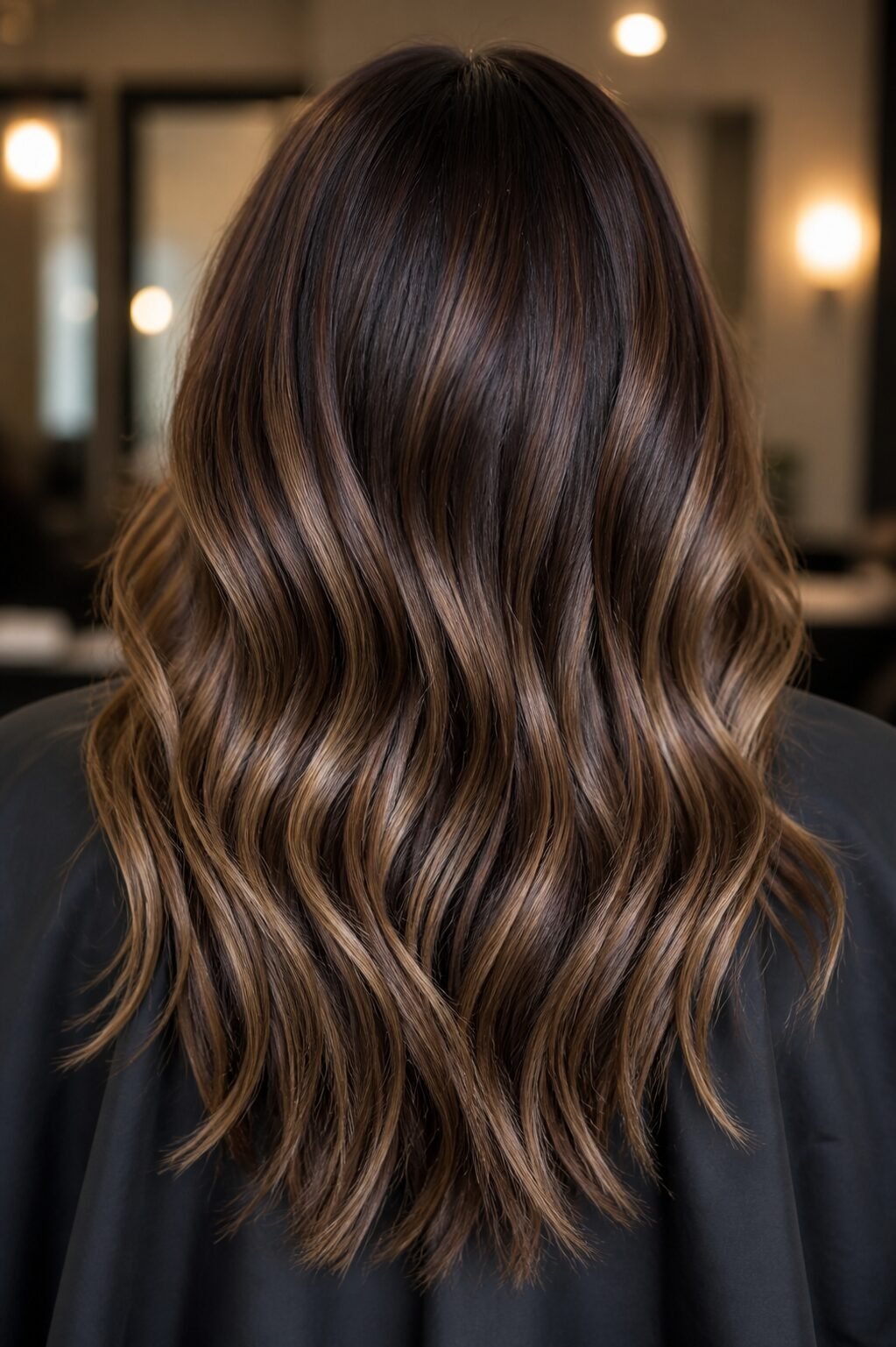 Back view of long, wavy dark brown hair styled with subtle honey-toned balayage highlights.