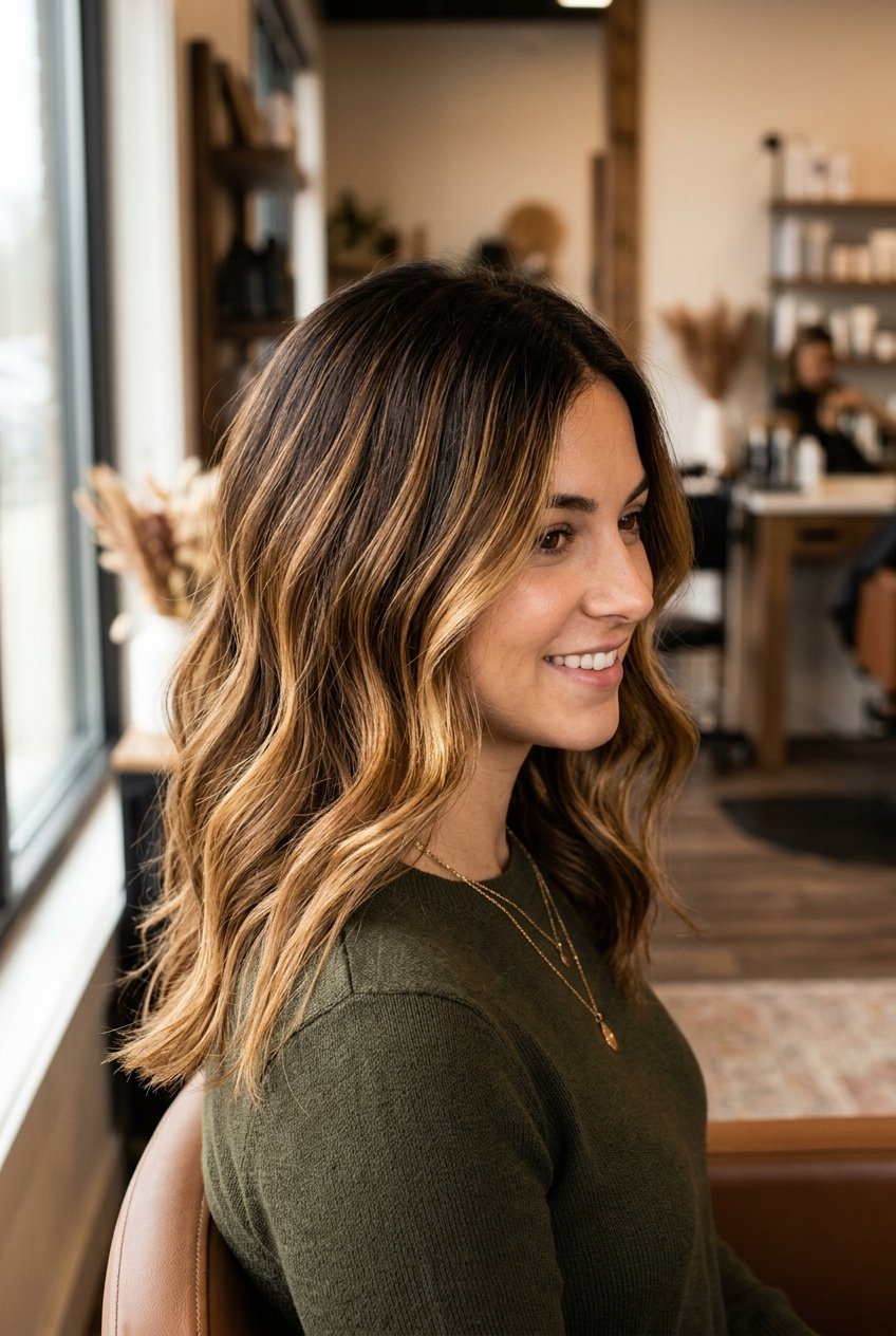 Side profile of a smiling woman with wavy brunette hair featuring warm golden highlights in a salon setting.