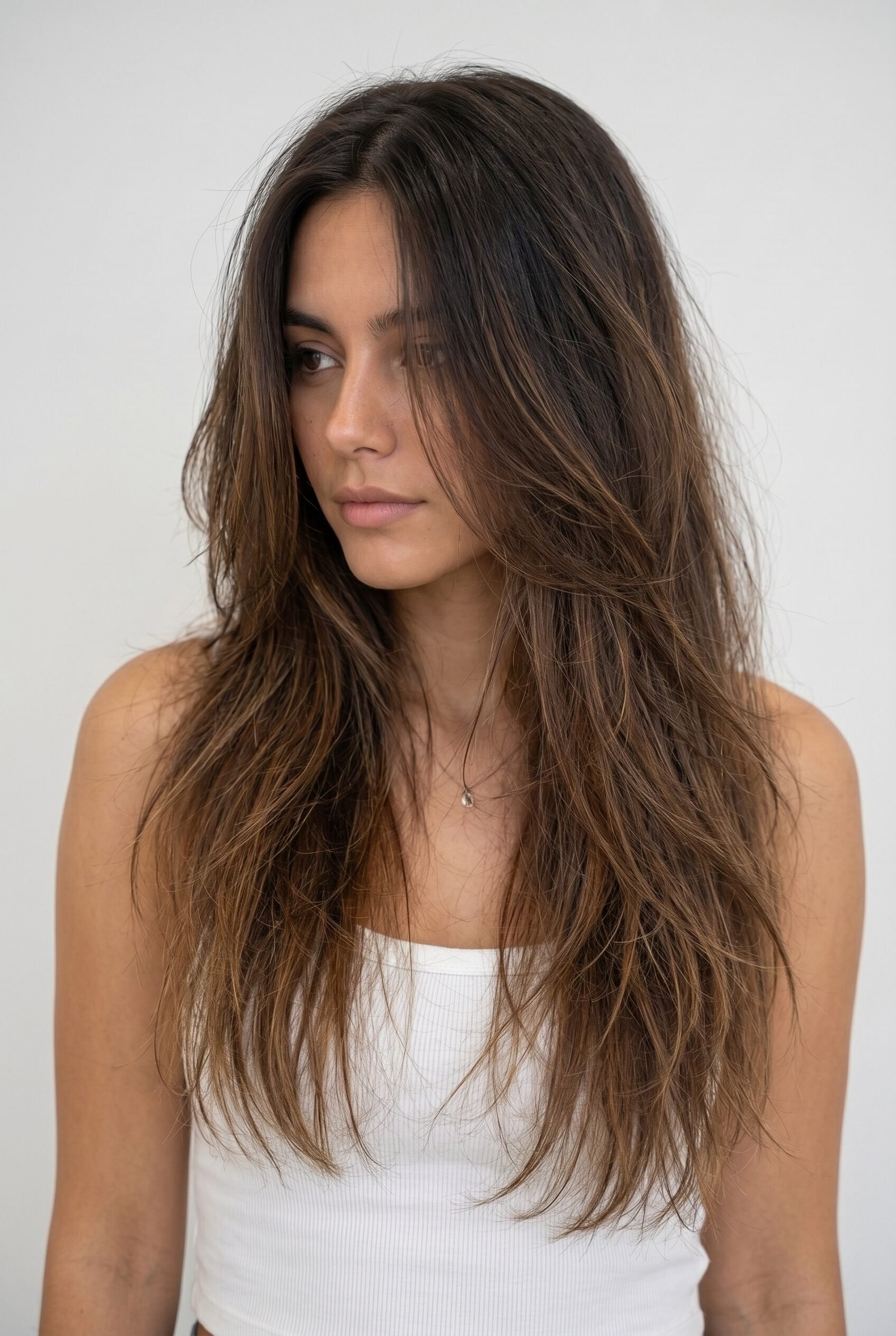 Portrait of a woman with long brown layered hair wearing a white tank top against a plain wall.