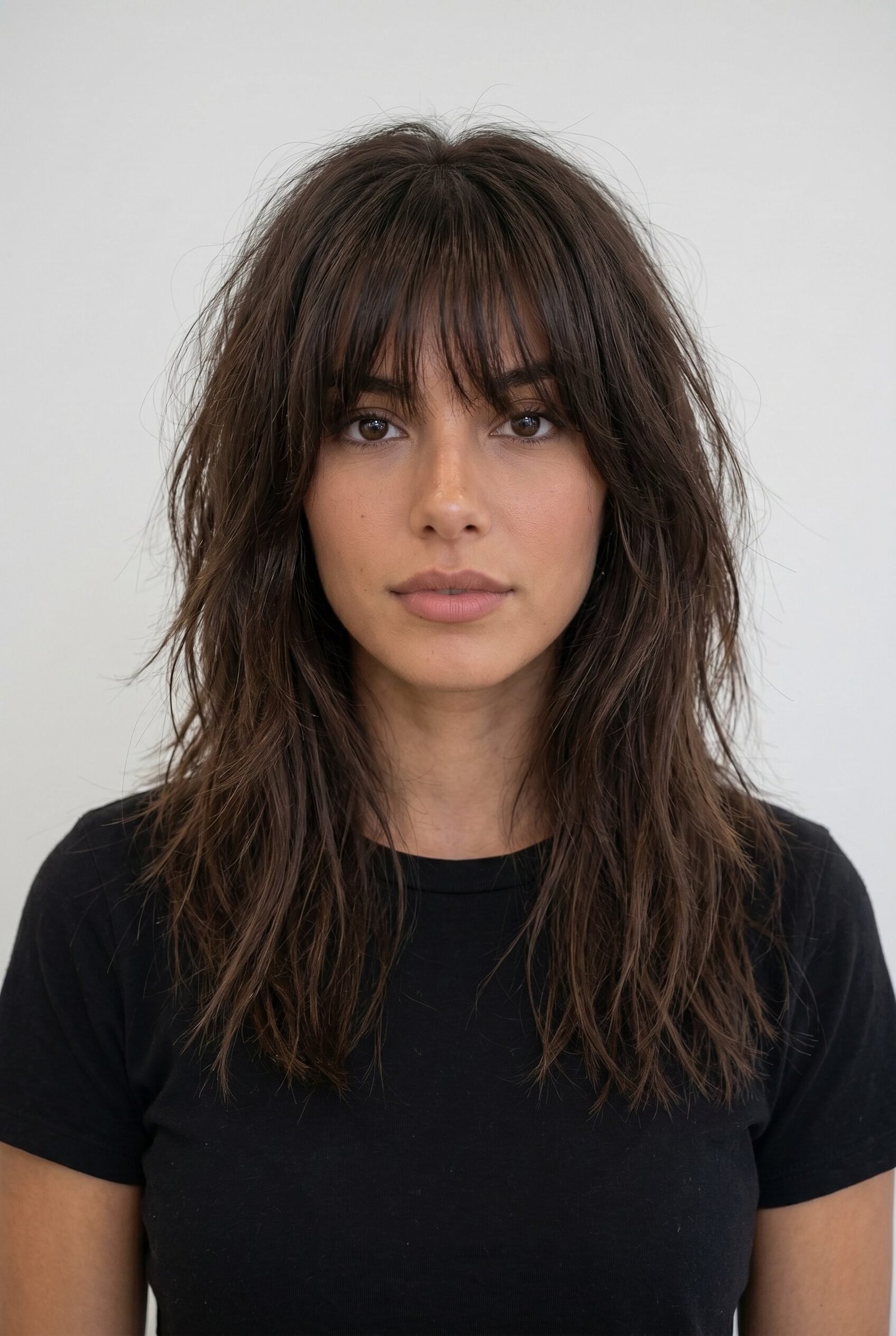 Portrait of a woman with dark wavy shoulder-length hair and wispy bangs wearing a black t-shirt against a white wall.