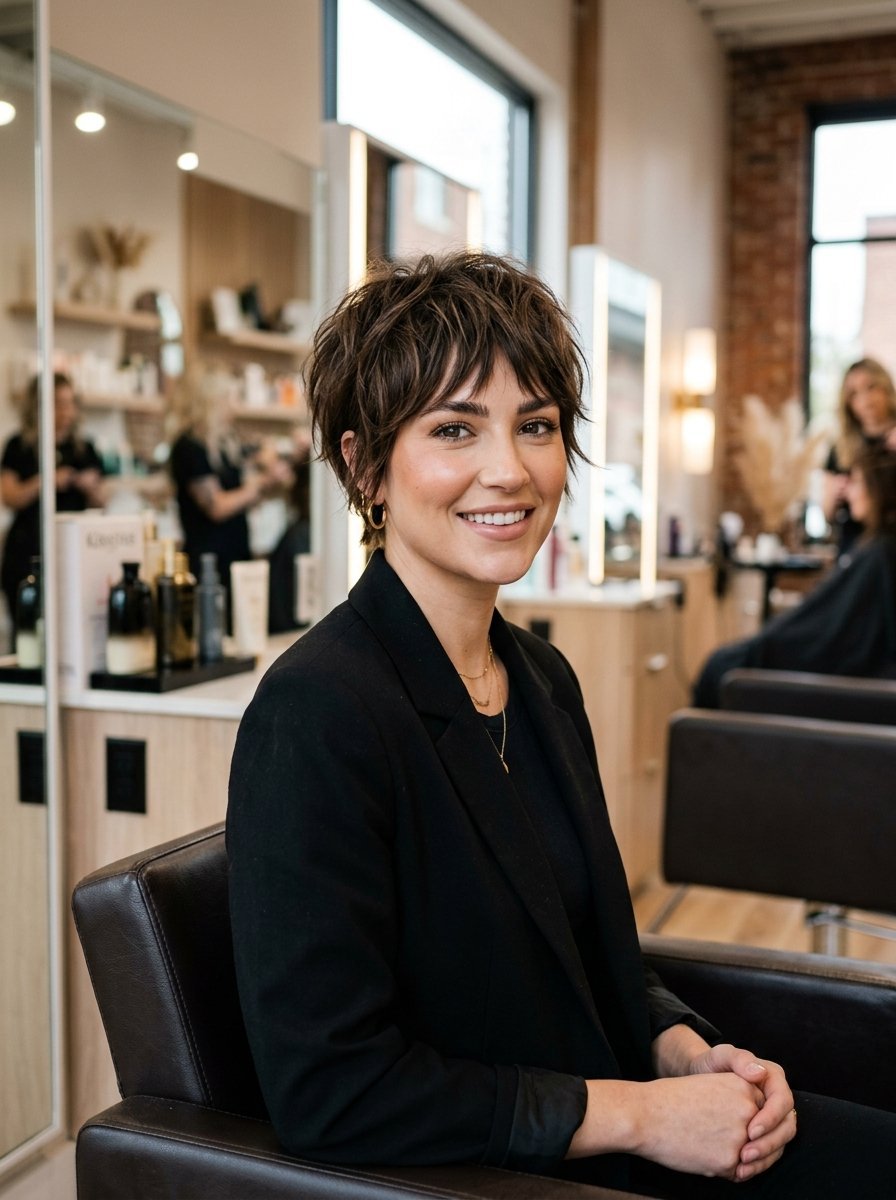 A smiling professional woman sitting in a salon chair wearing a black blazer and gold hoops.