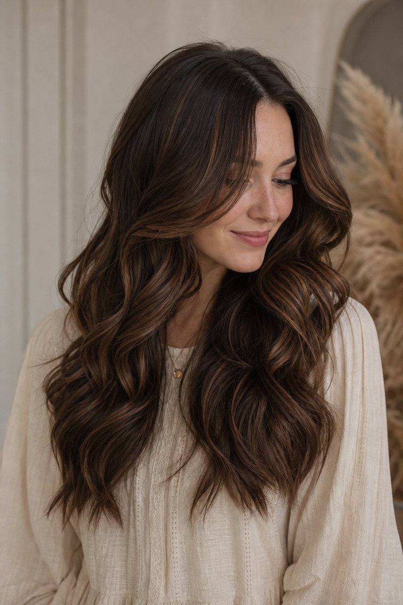 Close up of a woman with voluminous dark brown hair and caramel highlights wearing a cream blouse.