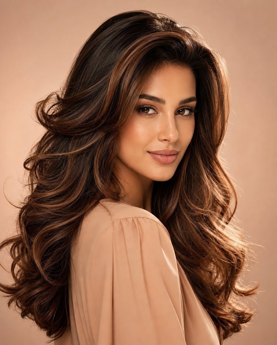Portrait of a smiling young woman with long, voluminous dark brunette curls against a neutral beige background.