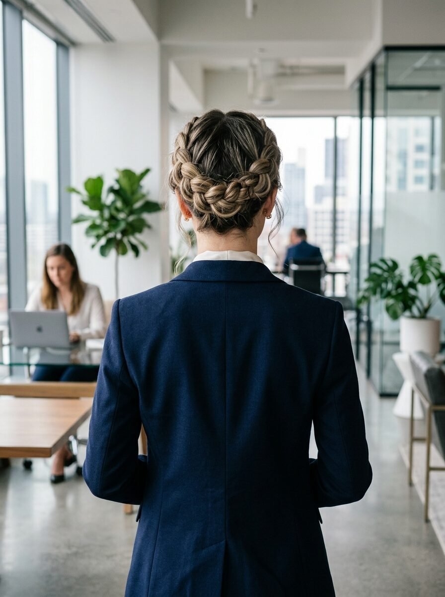 Rear view of a blonde woman with intricate braided hair wearing a dark blue blazer in a contemporary workspace.