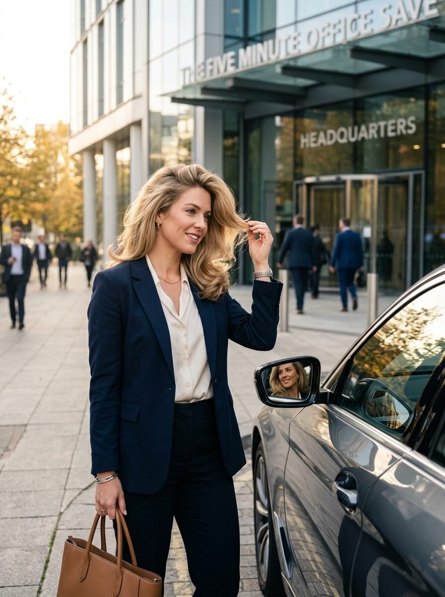 Blonde businesswoman in a navy blazer stands by a car near a headquarters office building.