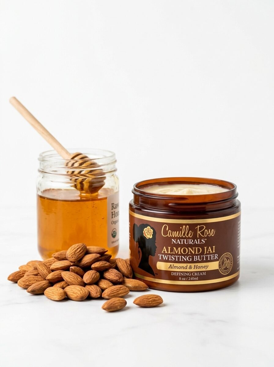 An open jar of Camille Rose hair cream beside a glass honey pot and a pile of whole raw almonds.