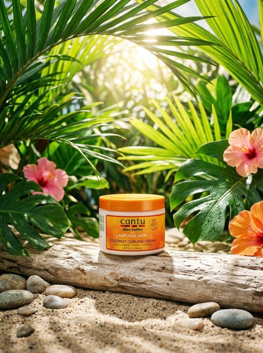Cantu shea butter curling cream jar placed on a log surrounded by tropical leaves, hibiscus flowers, and sand.