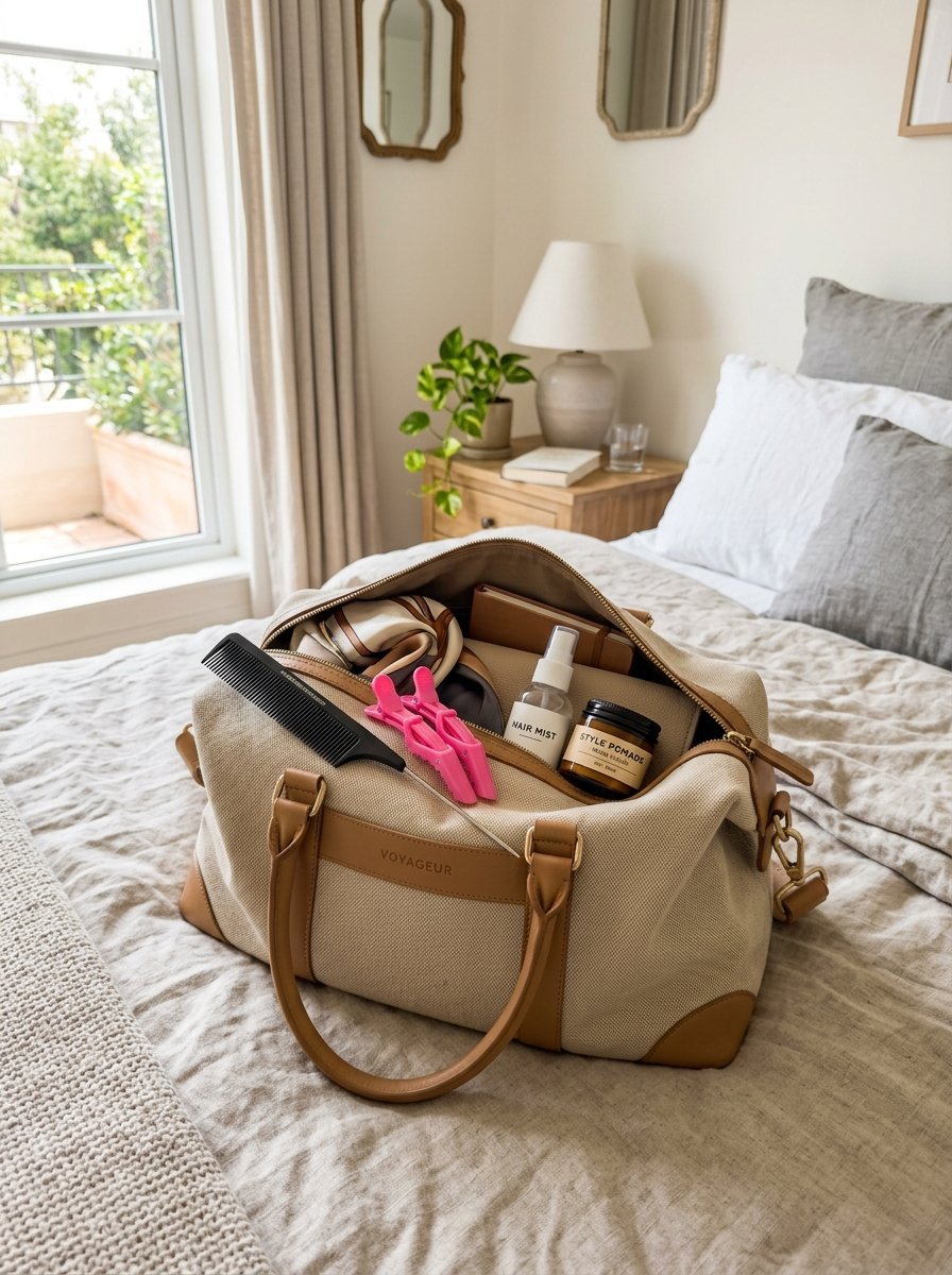 A beige canvas voyageur weekender bag sitting on a neutral bed containing a comb, pink clips, hair mist, and pomade.