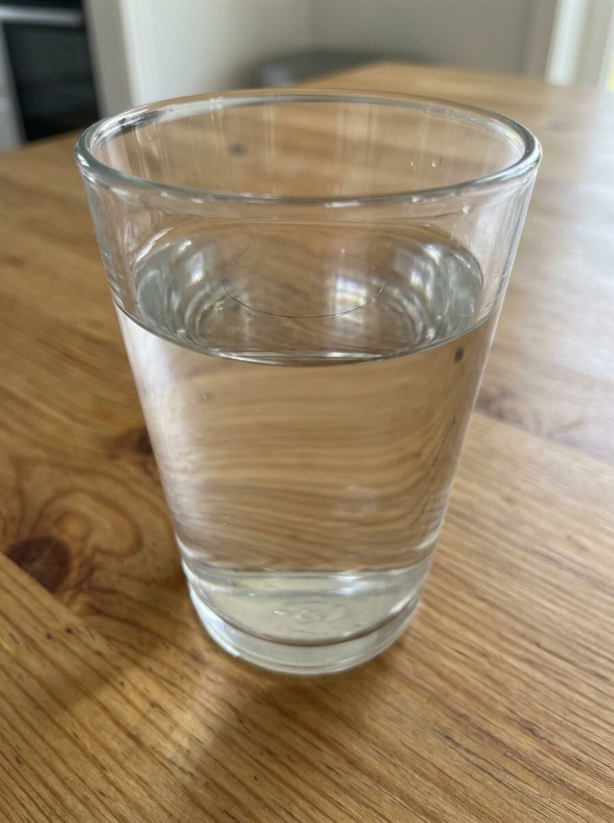 Close up of a transparent drinking glass filled with plain water sitting on a natural grain wooden surface.