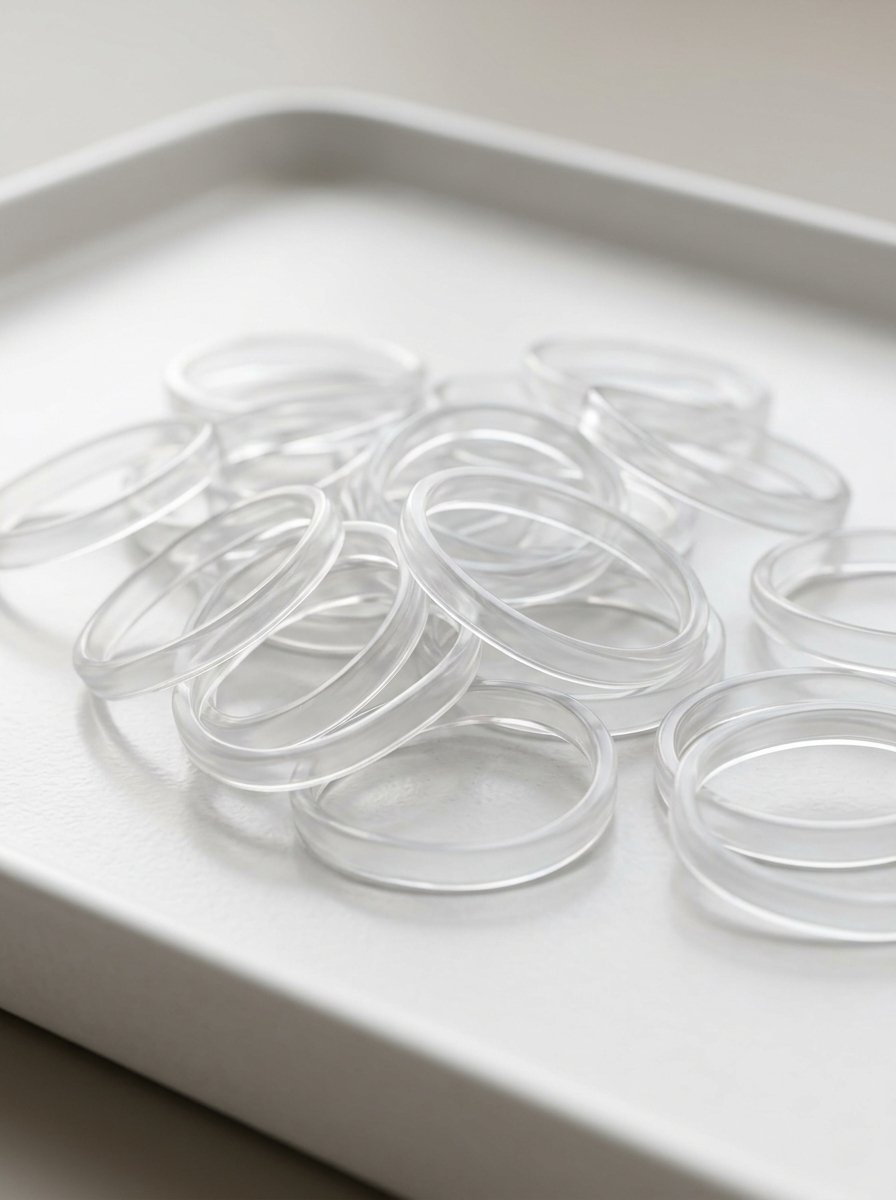 Close up of several translucent clear circular bands resting on a light grey surface.