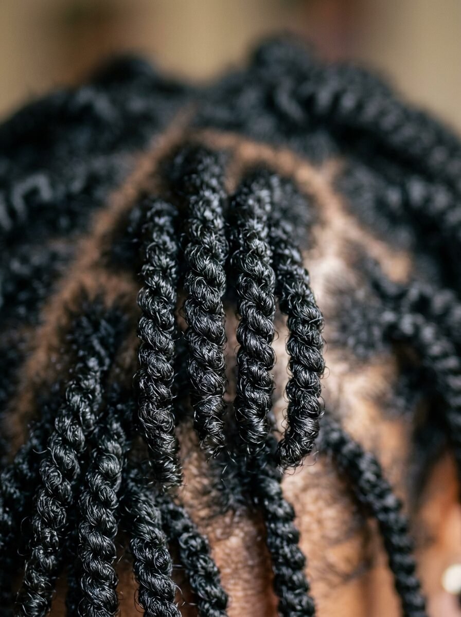 Macro shot of black hair styled in precise, tightly coiled twists on a person's scalp.