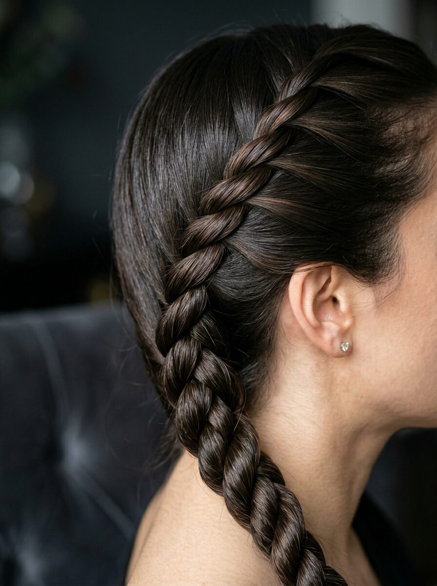 Close up of dark brown hair styled in a tight, neat side french braid on a woman with a small diamond earring.