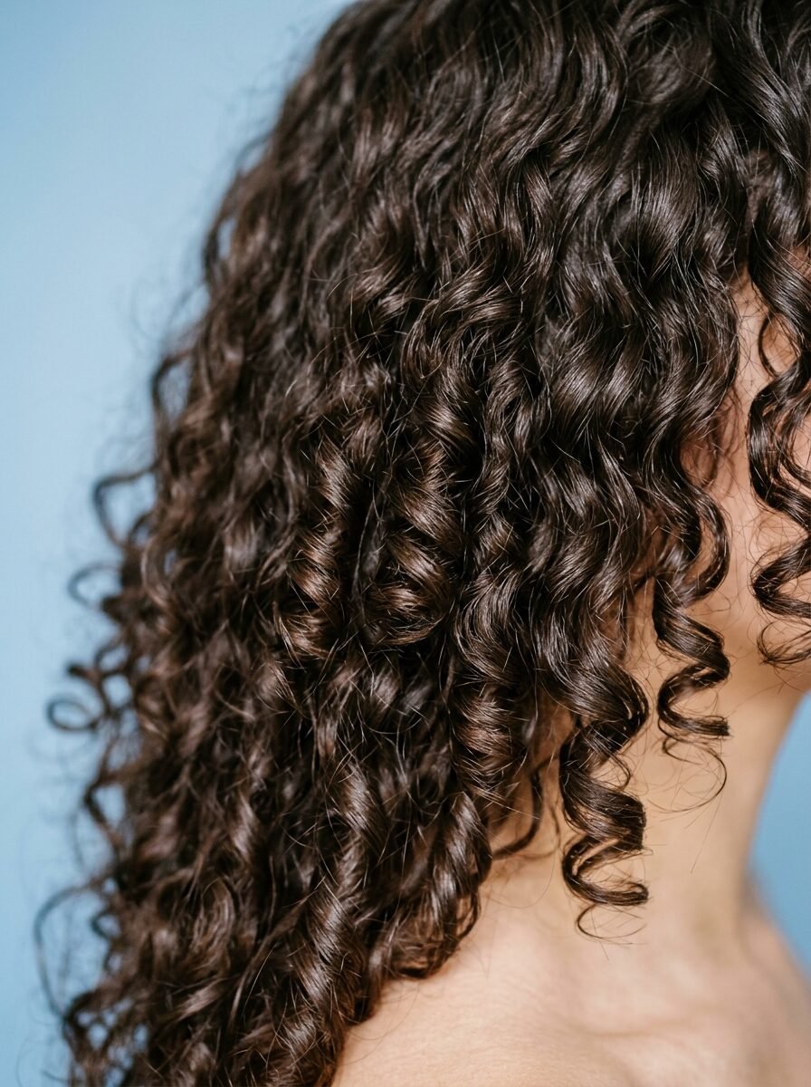 Detailed shot of thick, wavy dark hair against a solid light blue background.