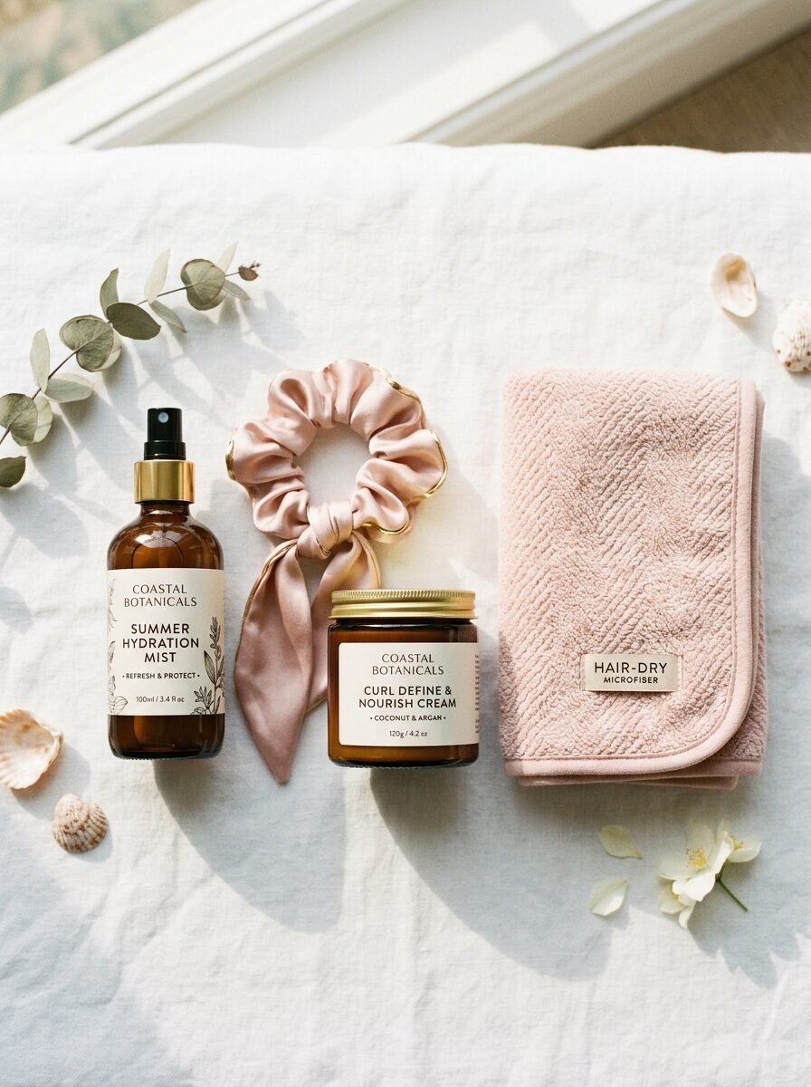 Hair products, a pink microfiber towel, and a silk scrunchie on a white linen surface.
