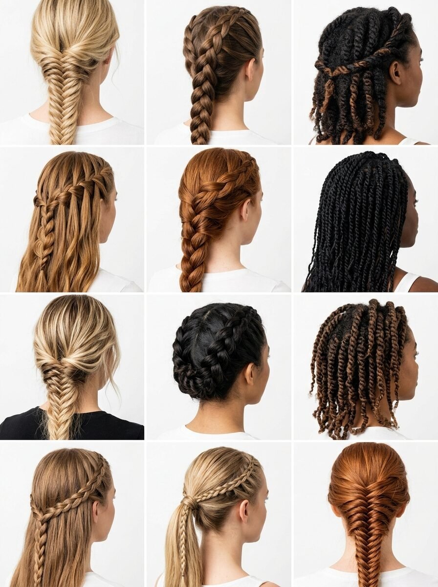 Twelve photos showing different braid and twist hairstyles on women with various hair textures and colors.