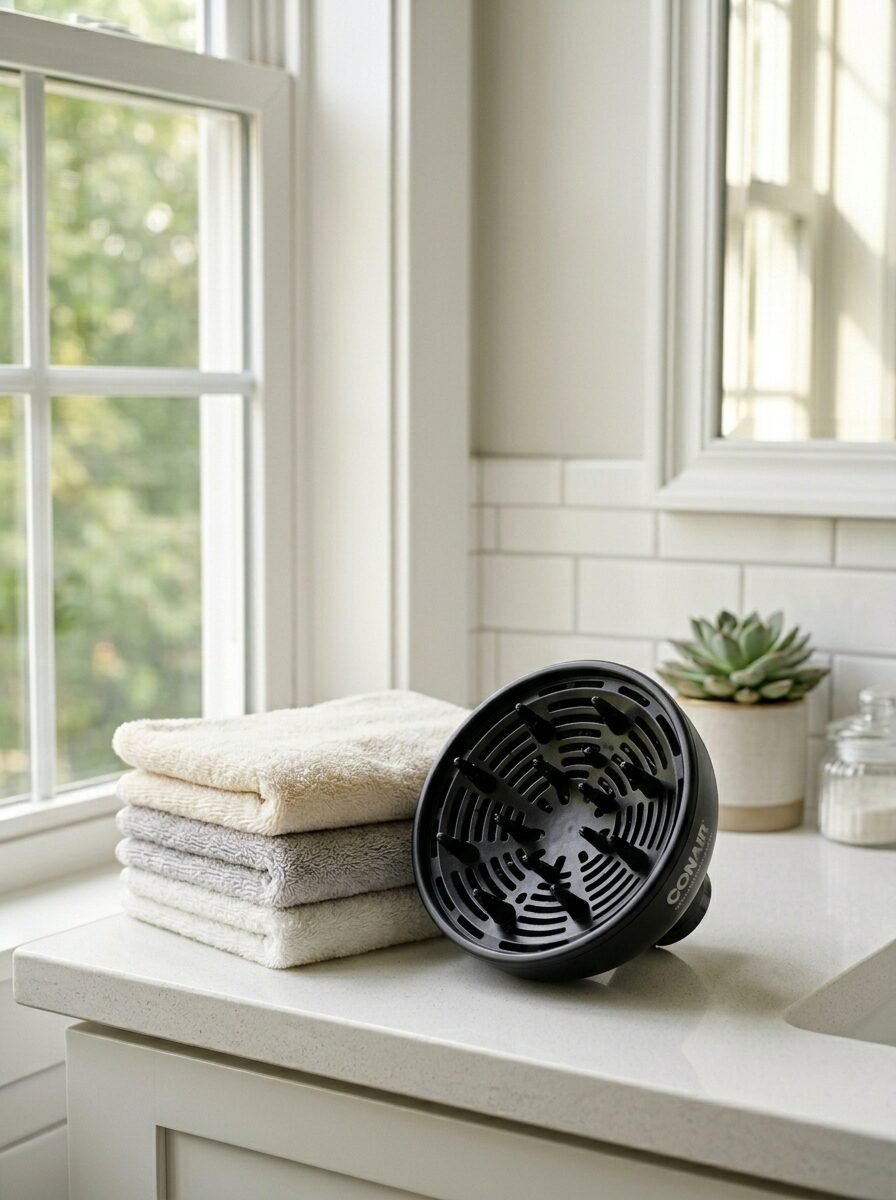 A black circular hair dryer diffuser rests next to a neat stack of folded towels on a white bathroom countertop.