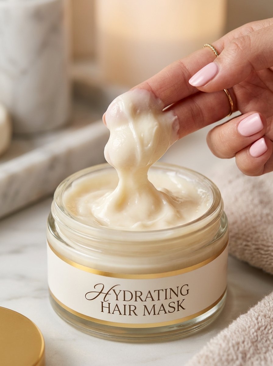 Close up of a hand pulling a scoop of thick white hair treatment from a glass cosmetic jar on a marble counter.