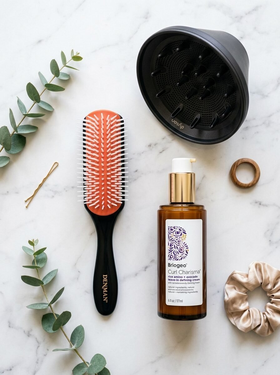 A Denman brush, Briogeo leave-in cream, hair diffuser, scrunchie, and eucalyptus leaves on a marble background.
