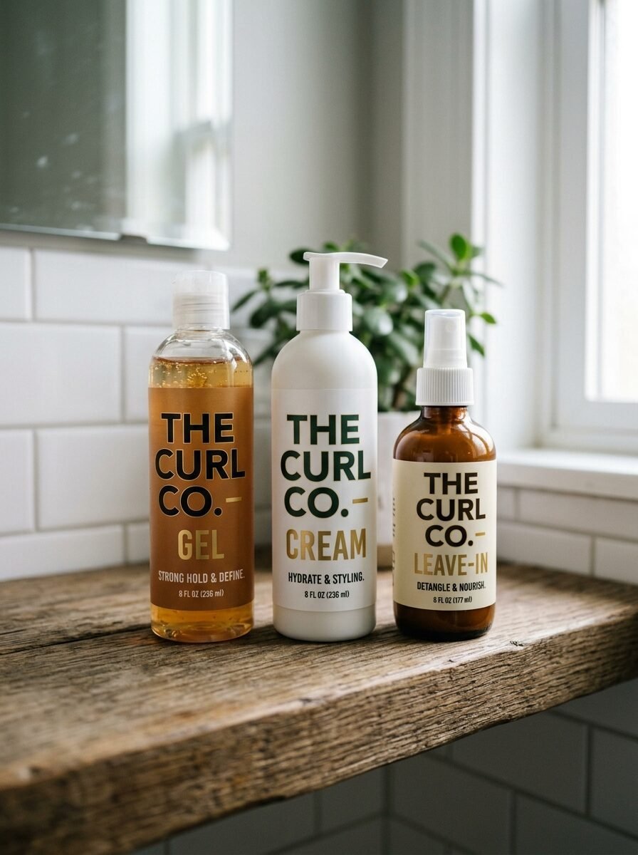 Gel, cream, and leave-in spray from The Curl Co lined up on a rustic wooden ledge in a tiled bathroom.