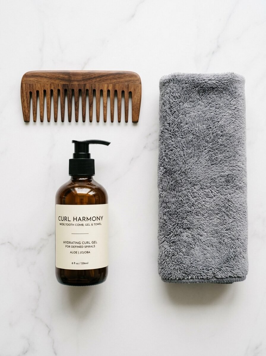 A flat lay view of a dark wooden comb, brown bottle of Curl Harmony gel, and a grey microfiber towel on white marble.